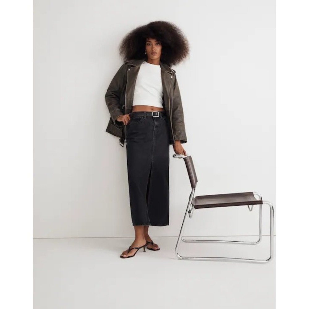 Madewell Denim Maxi Skirt in Lunar Wash Black Front Slit High Rise Long Skirt